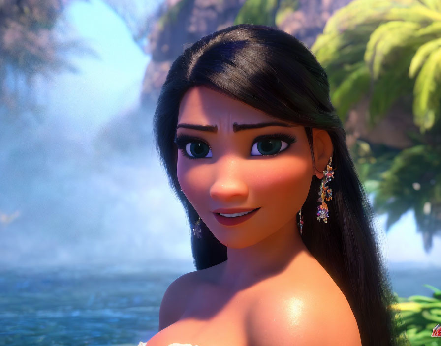 Young woman with long black hair and earrings in tropical setting.