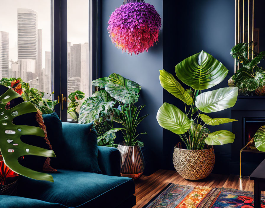 Modern living room with blue velvet sofa, vibrant plants, colorful rug, and pink pendant lamp overlooking city