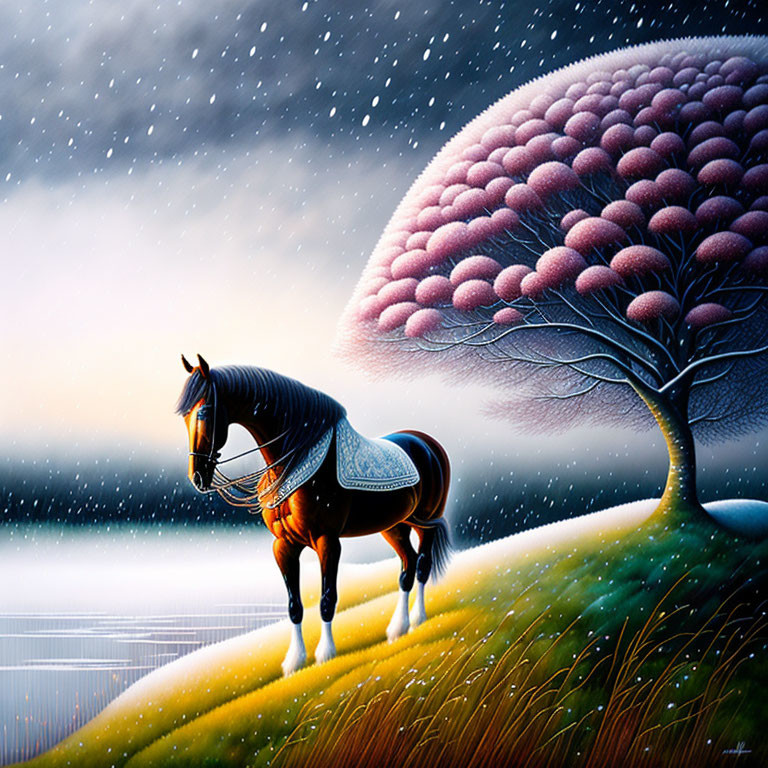 Stylized painting of majestic horse in blanket by surreal pink tree