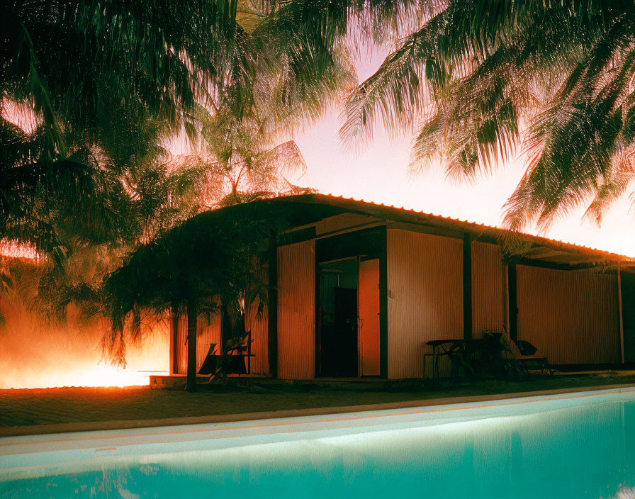 Tranquil poolside scene with palm trees and cozy cabin at dusk