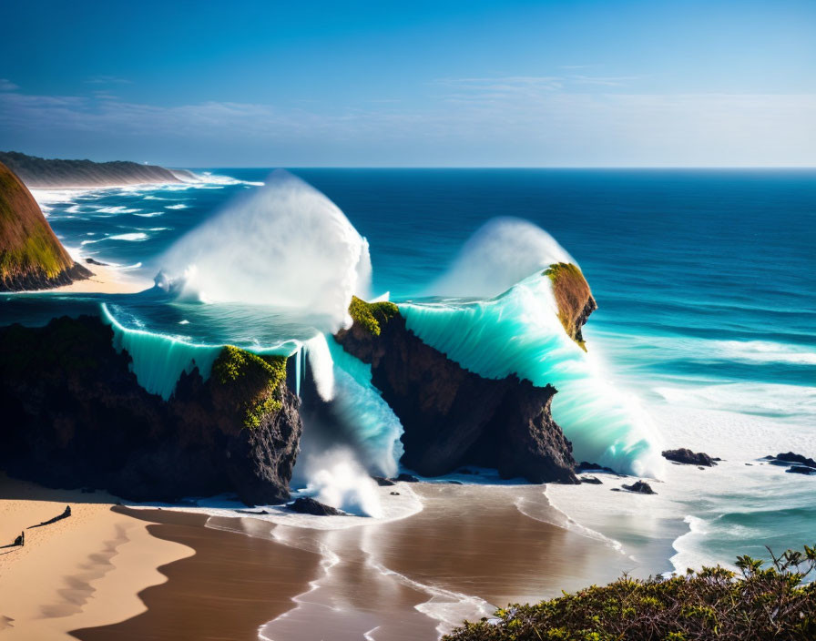 Majestic waves crash on rocky cliffs under clear blue sky