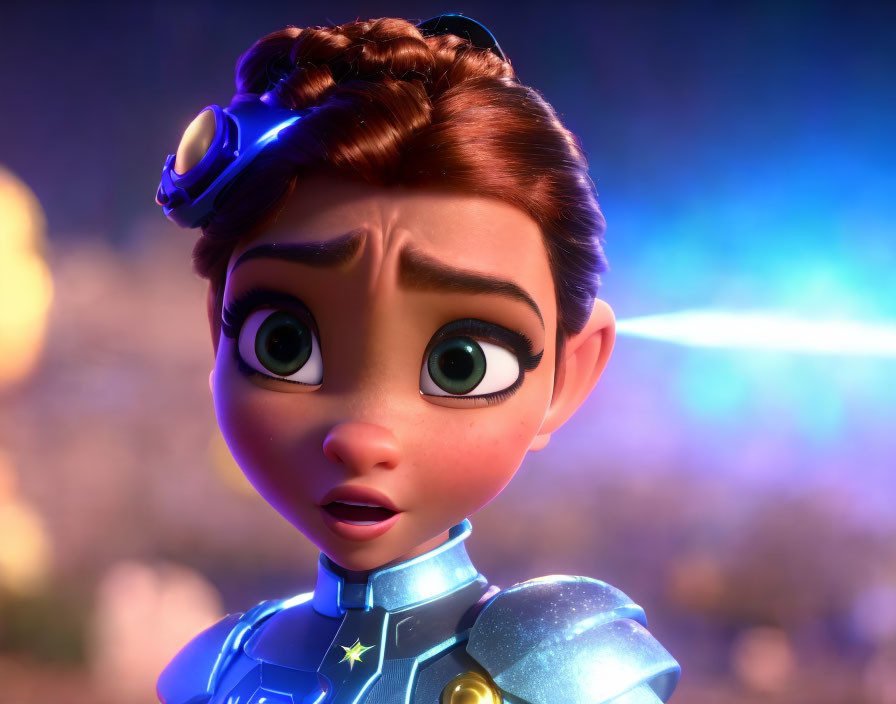 Brown-haired 3D animated character in futuristic blue suit with glowing elements, looking surprised, with light