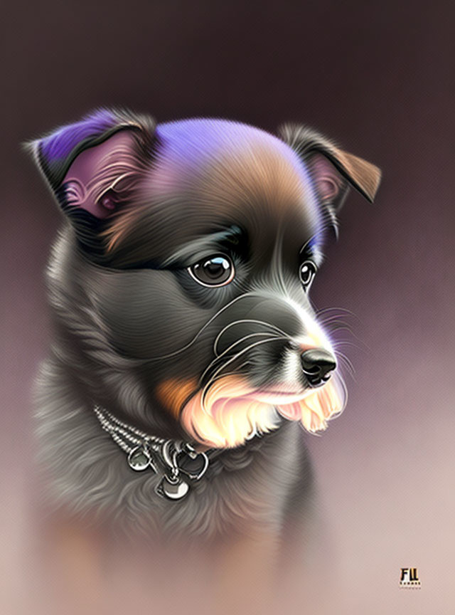 Detailed Digital Painting of Small Black and Tan Dog with Chain Collar