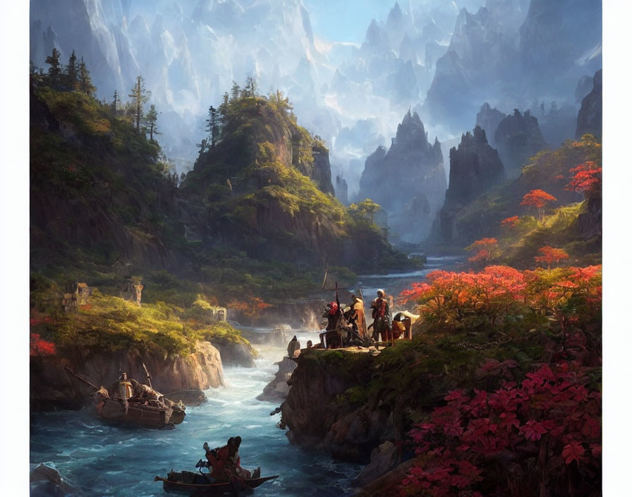 Travelers and boats on serene river with lush mountains and foliage