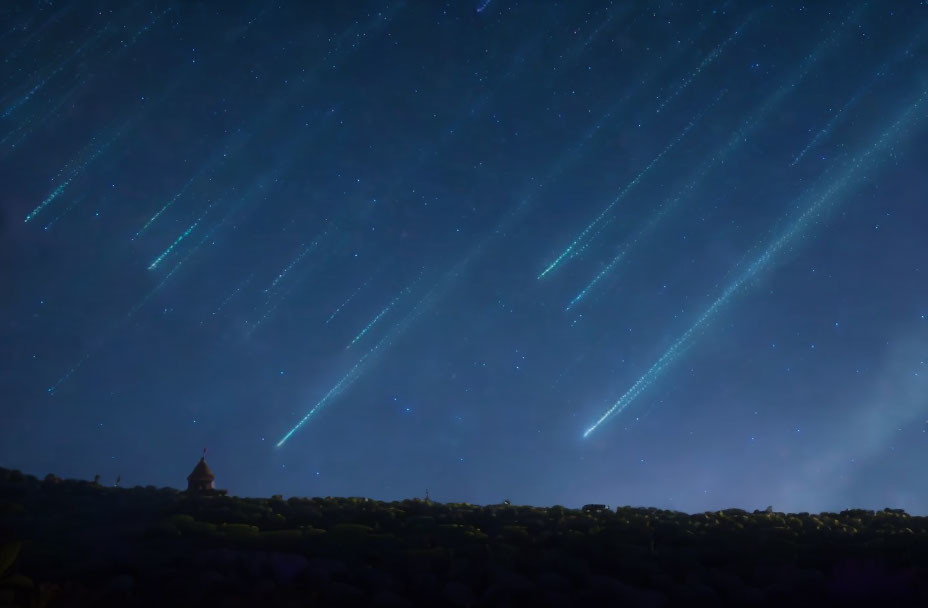 Meteor shower illuminates night sky over church spire silhouette