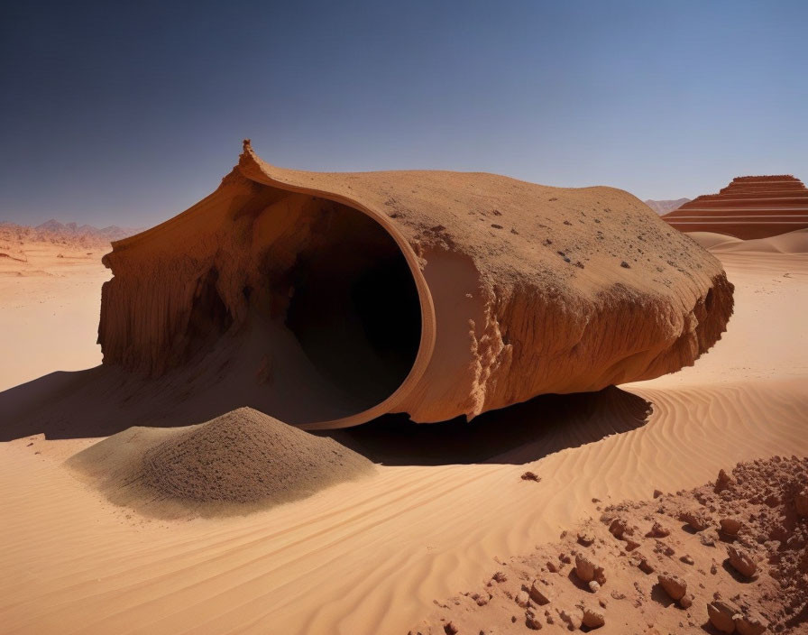 Arch-shaped Rock Formation Amid Sand Dunes in Desert Landscape