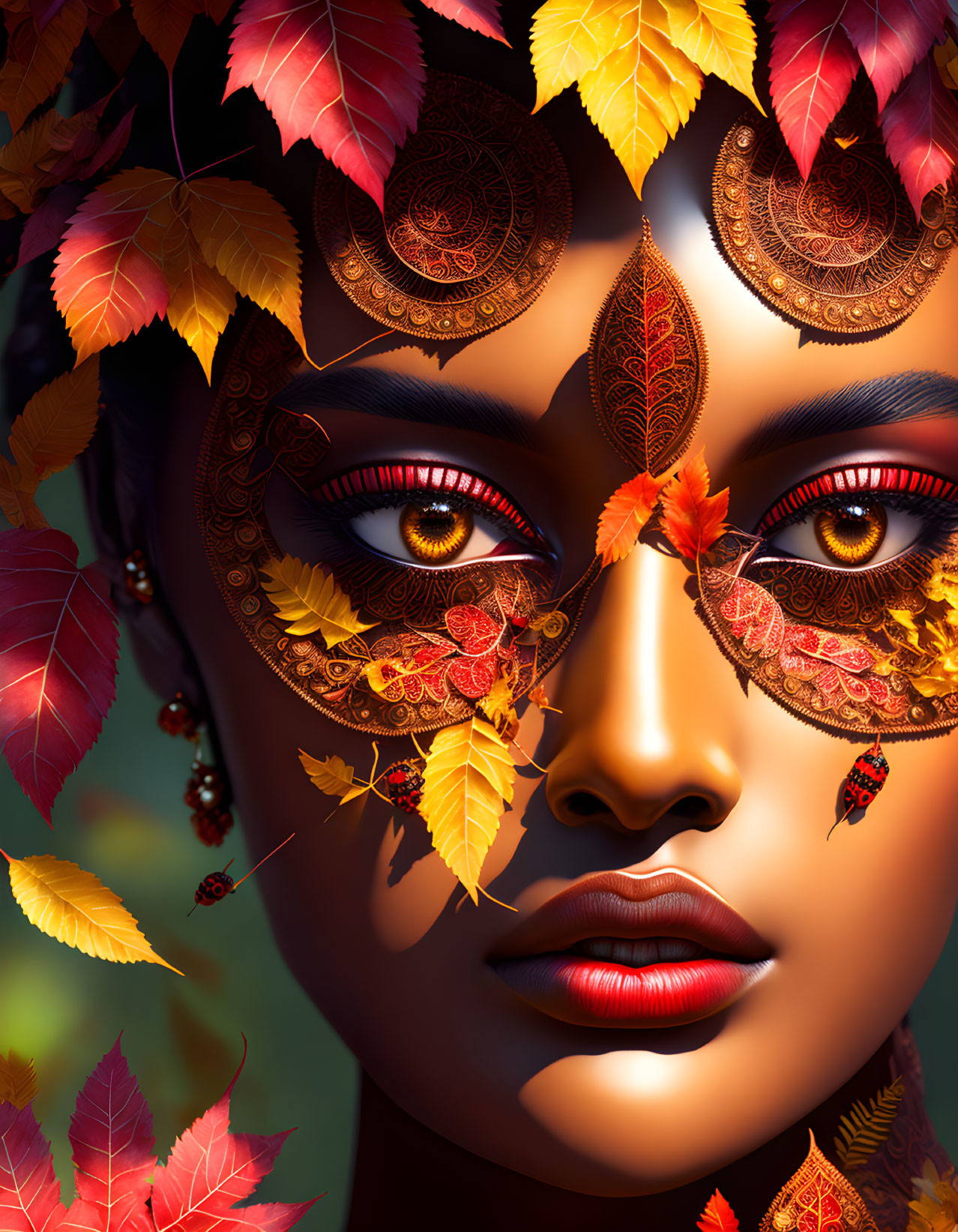 Close-Up of Woman's Face with Autumn Leaves and Golden Patterns Makeup