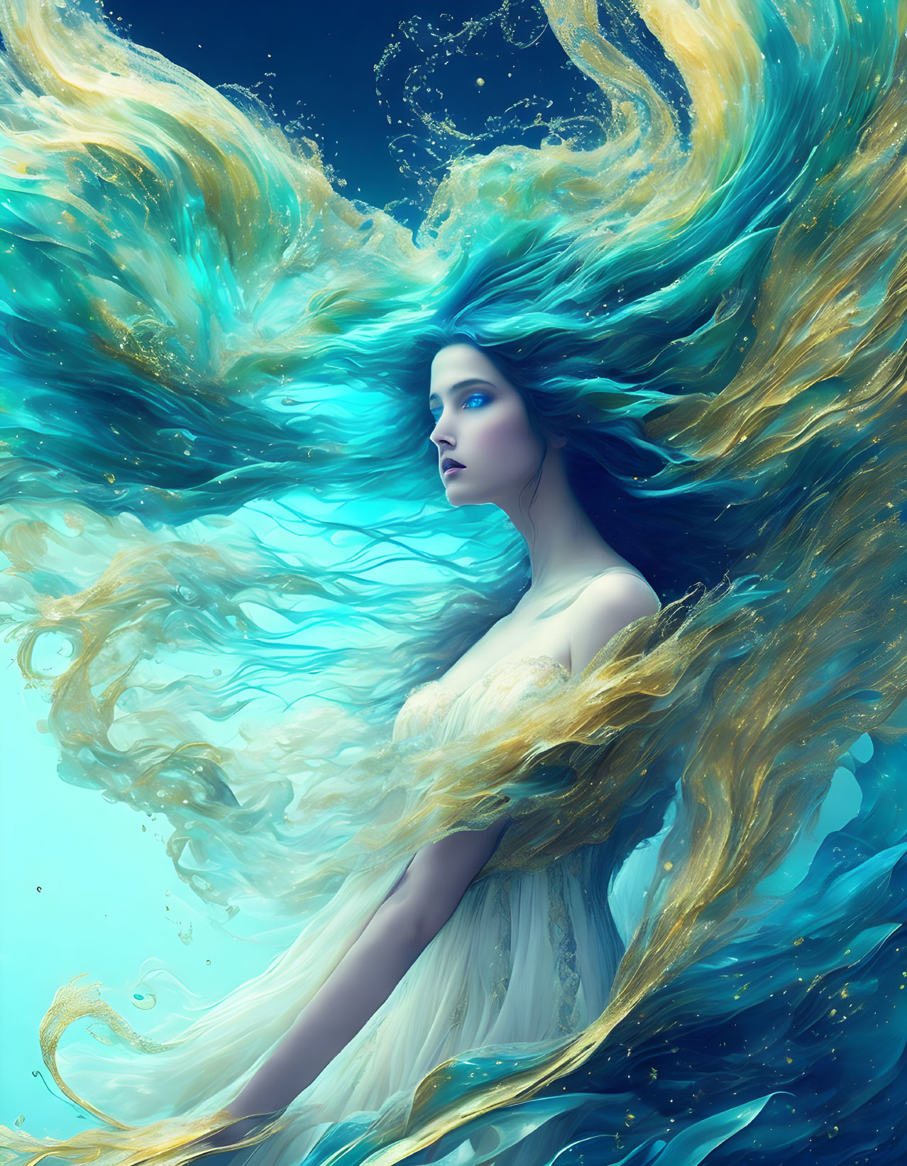 Surreal illustration of woman with flowing ocean-like hair and dress