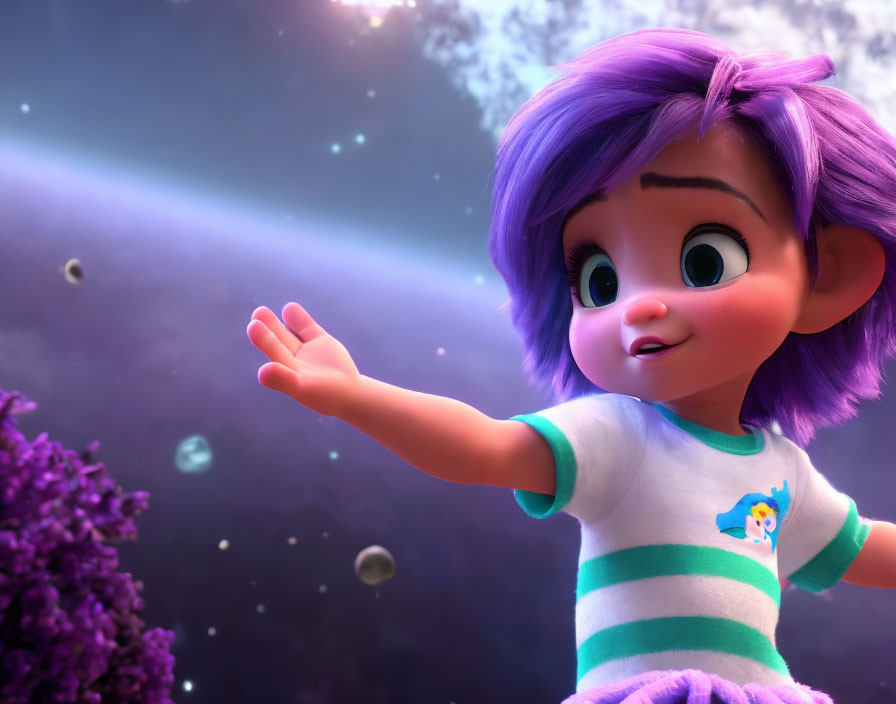 3D animated young girl with purple hair in cosmic space landscape