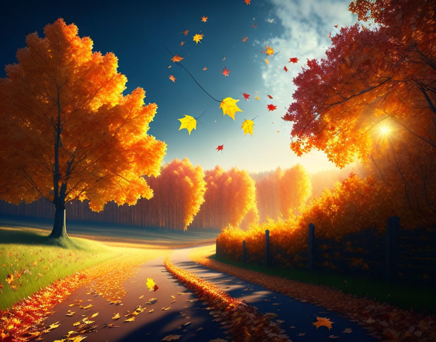 Vibrant autumn trees on curved road with fallen leaves at sunset