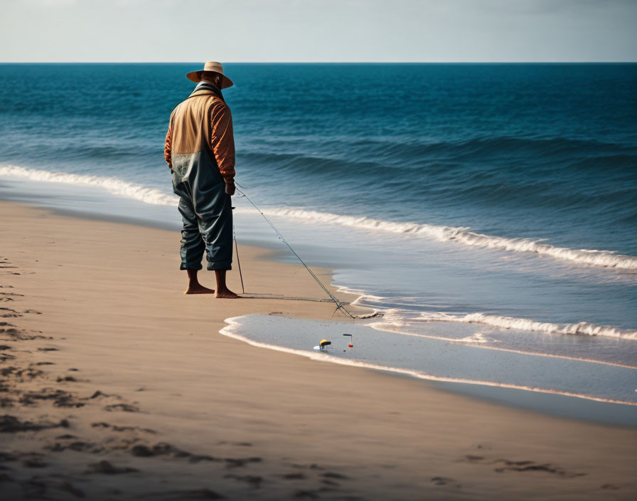 Person fishing on sandy beach with clear horizon.