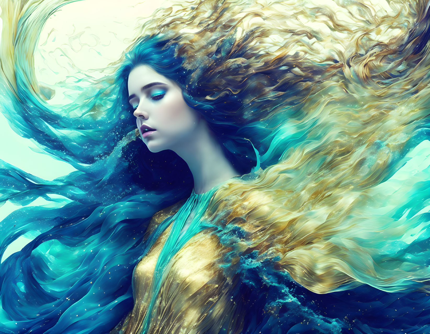 Digital artwork: Woman with golden hair in blue attire, underwater theme