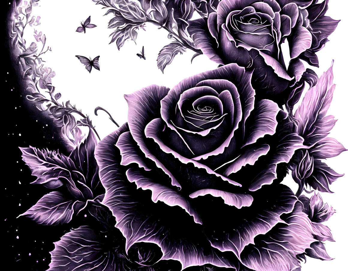 Detailed Monochromatic Artwork: Black and Purple Roses, Butterflies, Swirling Patterns