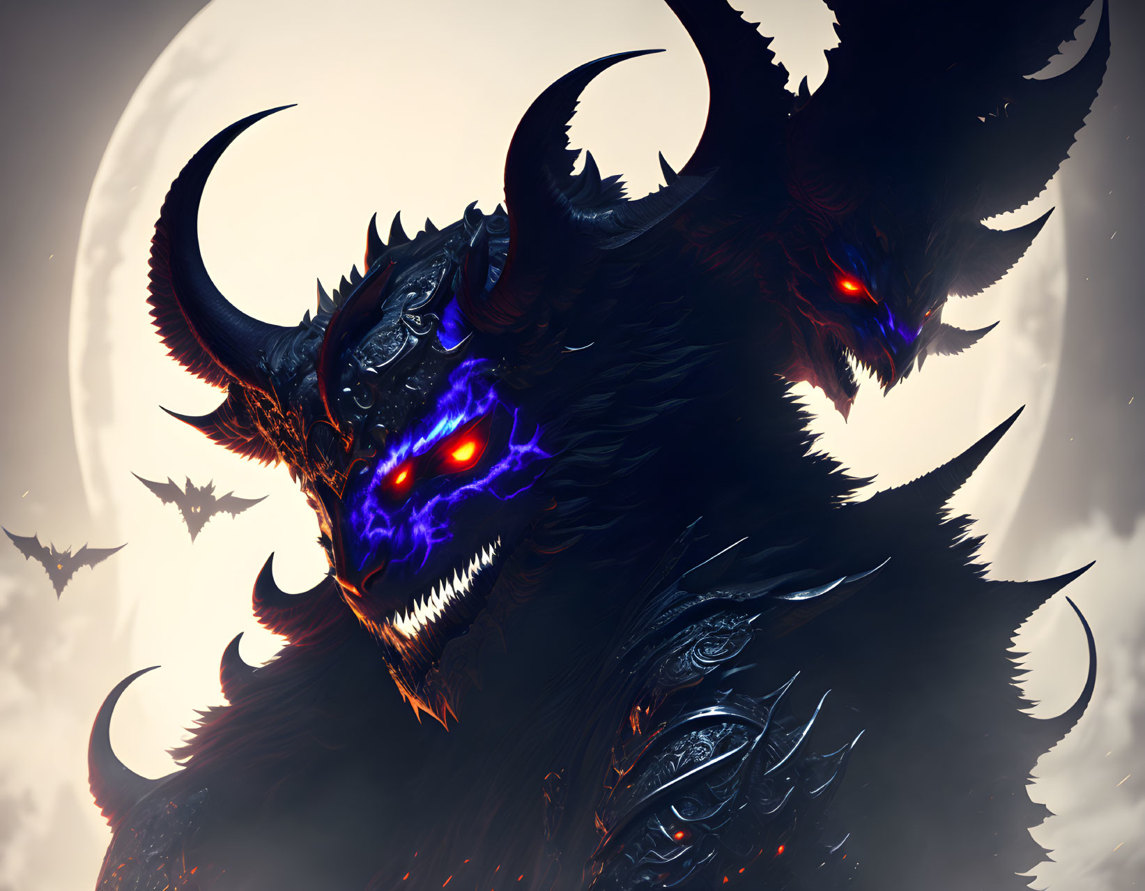 Dark multi-headed creature with glowing red eyes and sharp horns under full moon