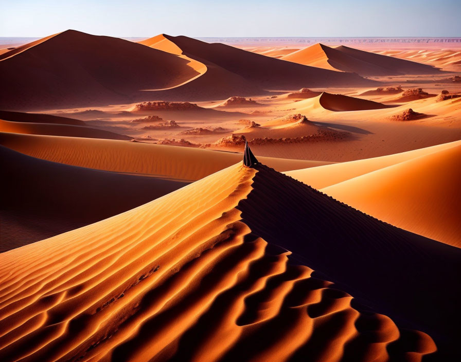 Person standing on sand dune under vast blue sky