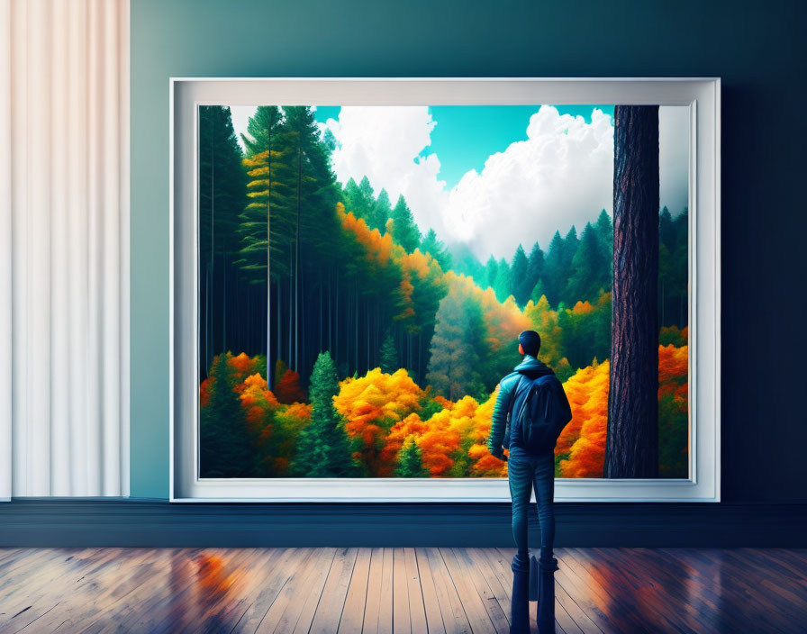 Person admires autumn forest view from dark-floored room