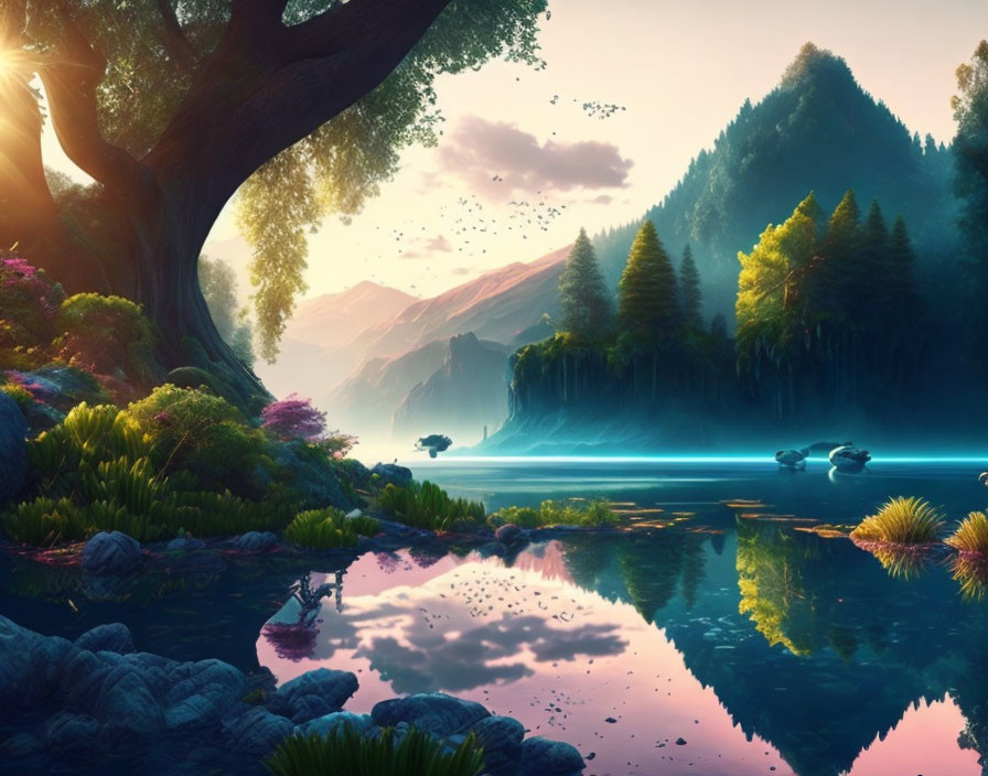 Tranquil landscape: pink skies, luminous river, lush greenery, birds, distant mountains