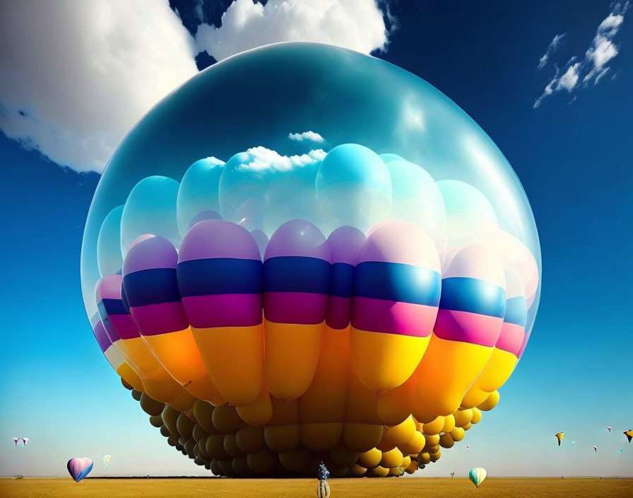 Giant reflective sphere made of colorful balloons in surreal scene