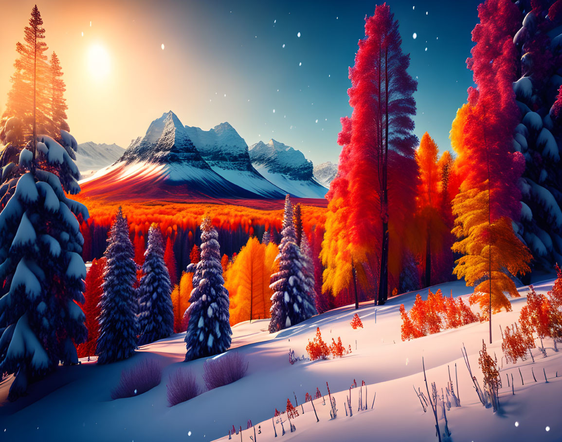 Snow-covered landscape with autumn trees and mountain peaks under twilight sky