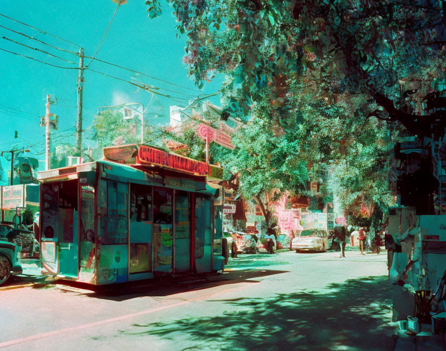 Vintage-style street scene with blue-green tint, kiosk, signs, trees, and pedestrians.