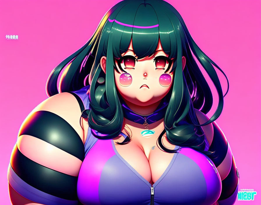 Anime-style illustration: Girl with green hair, blushing cheeks, surprised expression on pink background