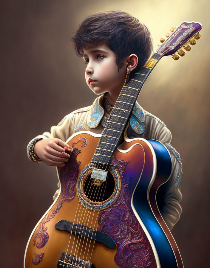 Child holding ornate guitar in vintage outfit against warm background