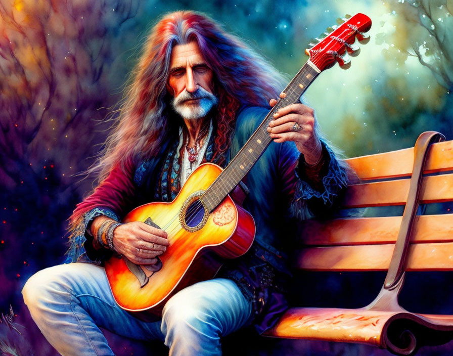 Elderly man with long gray hair and beard, denim jacket, acoustic guitar, on park bench