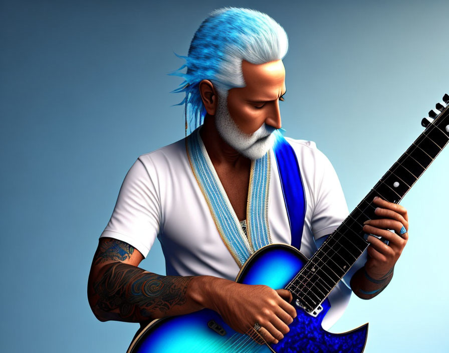 Stylish elder musician with blue hair playing electric guitar