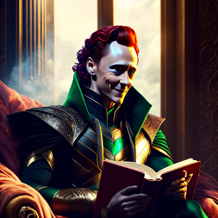 Man in Green and Gold Armor Reading Book in Luxurious Room