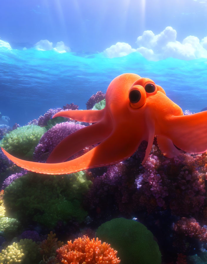 Vibrant coral reef scene with animated orange octopus