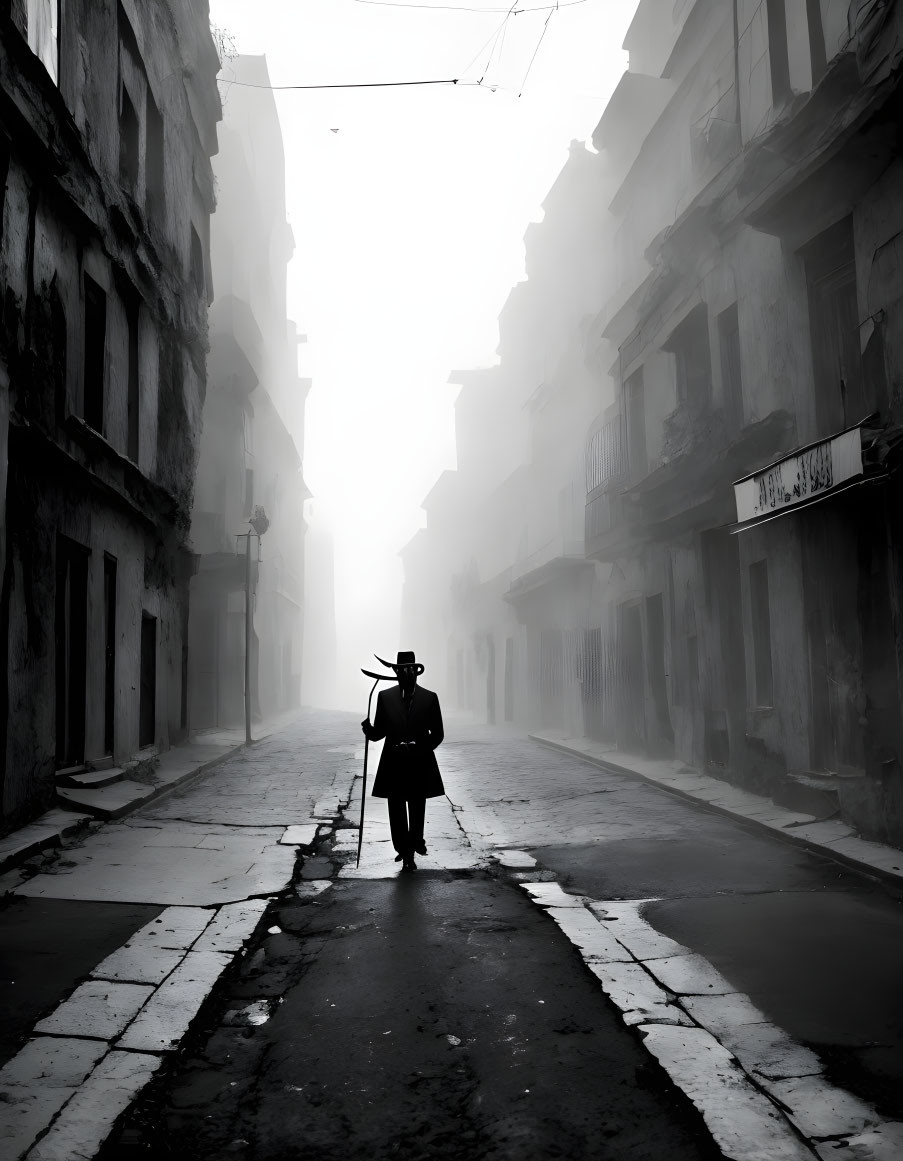 Silhouette of person with umbrella in foggy street landscape