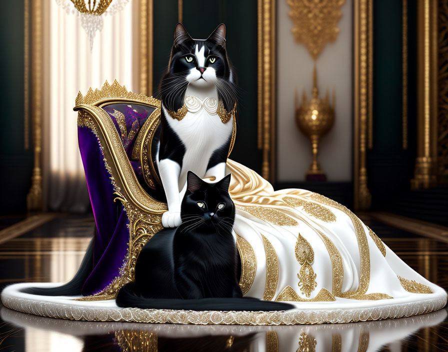 Luxurious room with two elegant cats in regal poses