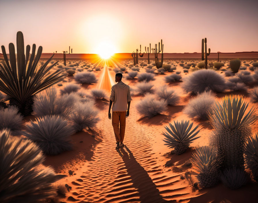 Person standing among desert flora at sunset with warm glow and long shadow.