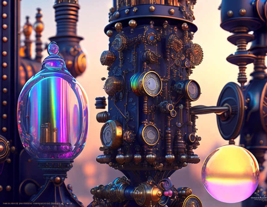 Intricate Steampunk Machine with Glowing Purple Flask Amidst Golden Gears