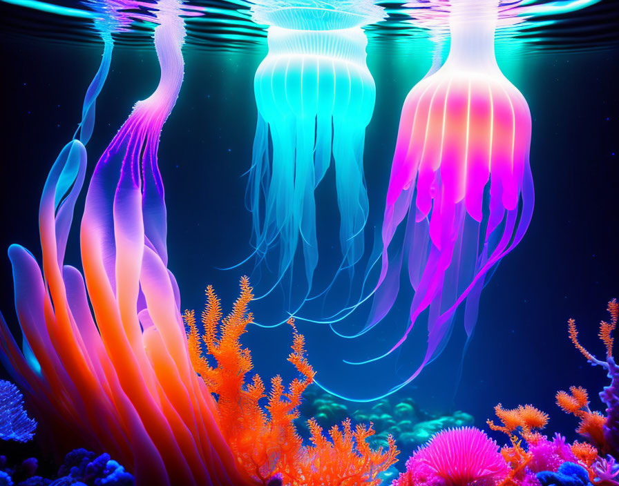 Bioluminescent jellyfish and colorful coral reefs underwater