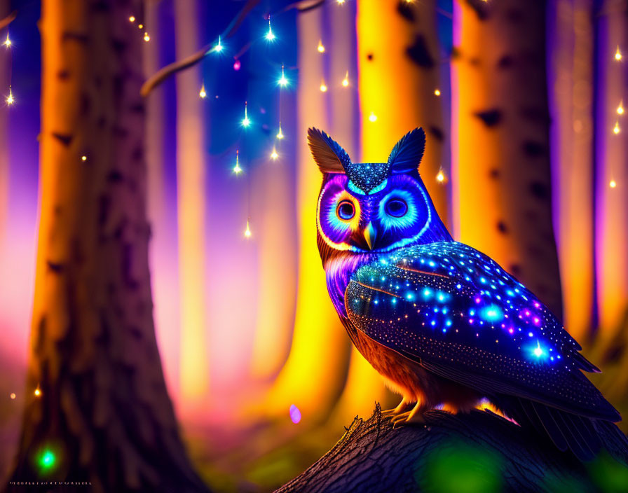 Vibrant digital owl art in enchanted forest at twilight