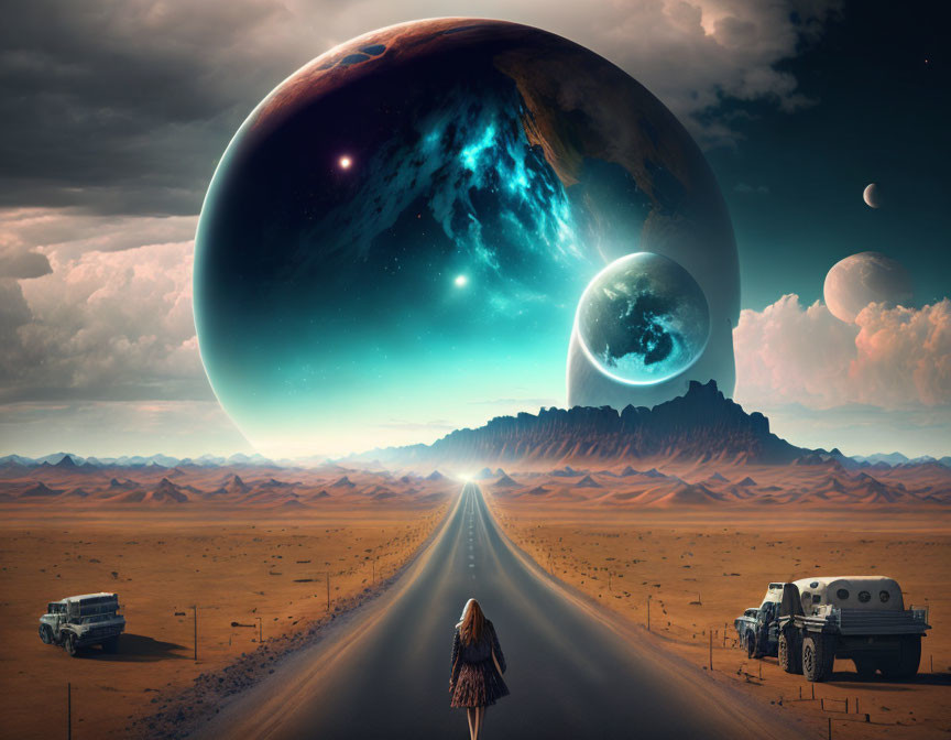 Person standing on deserted road with colossal planets in surreal sky