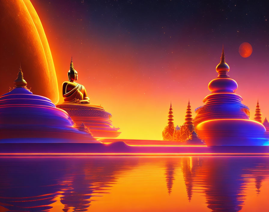 Digital Art: Meditating Buddha Statue and Pagodas with Orange Planet