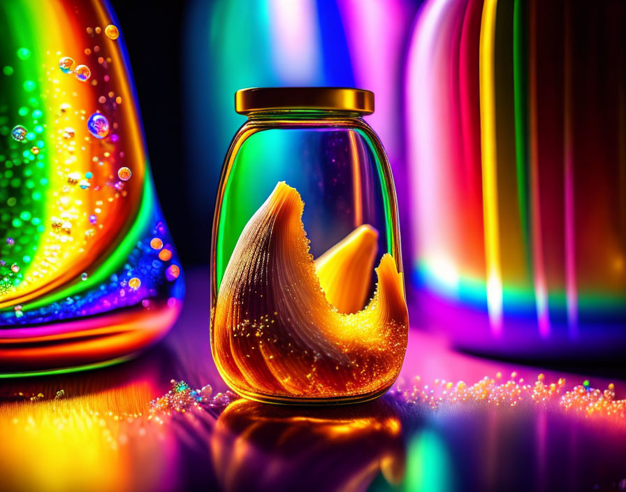 Colorful glass jar with glowing orange object in rainbow setting