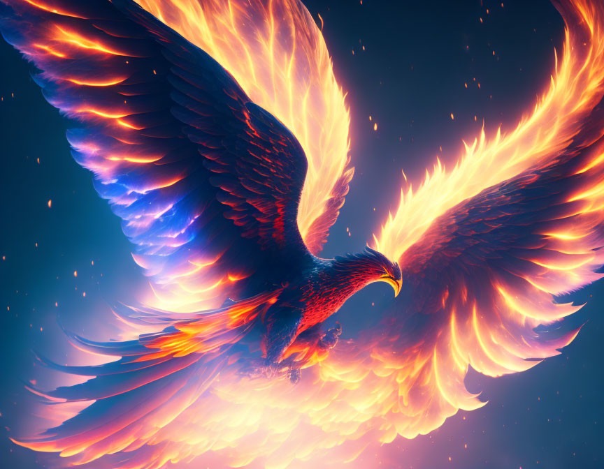 Vibrant Phoenix Digital Art Against Blue Background