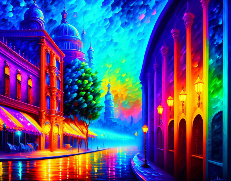 Colorful digital artwork: Night street scene with illuminated buildings and arched walkways