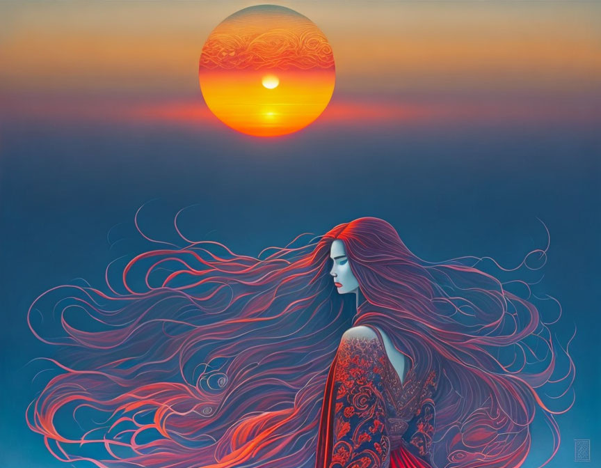 Profile of woman with flowing red hair against vibrant sunset.