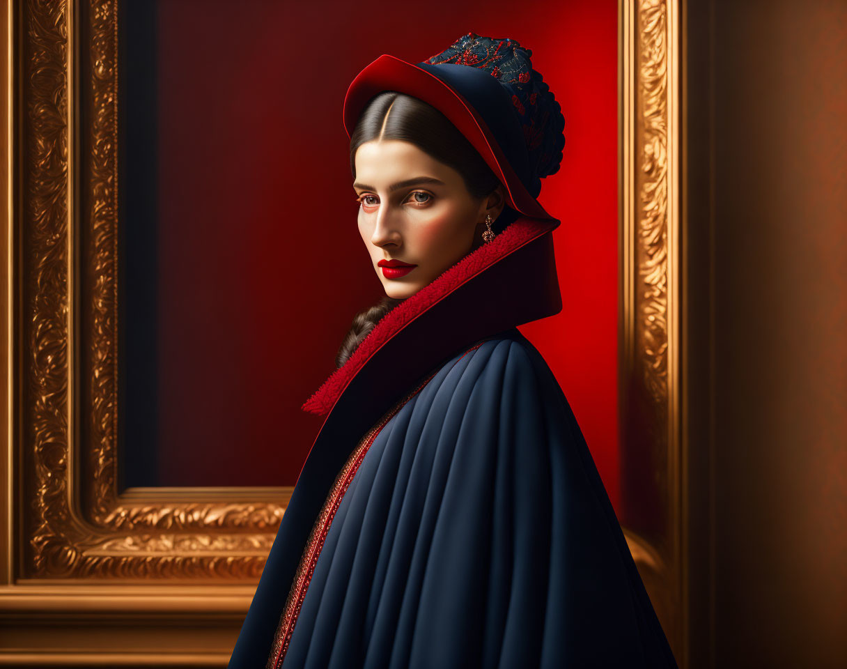 Vintage woman in blue dress and red cloak with ornate hat against golden-framed red backdrop