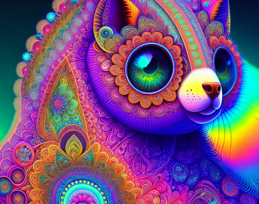 Colorful Psychedelic Cat Illustration with Large Eyes and Patterns