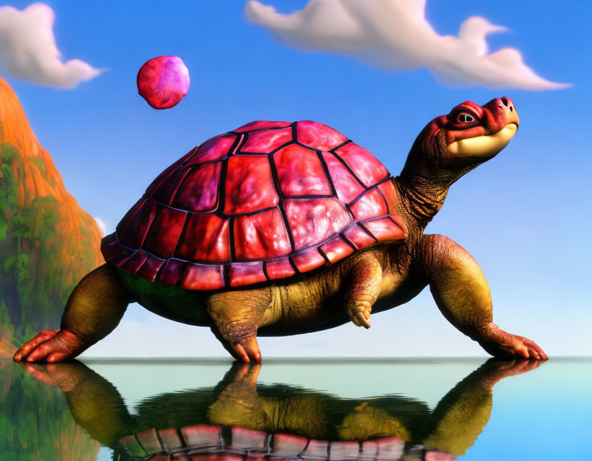 Cartoon turtle with red shell gazes at floating pink ball by water