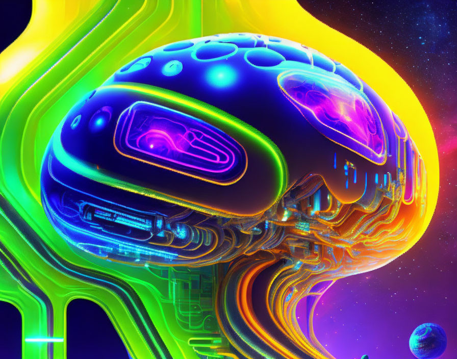 Futuristic abstract digital artwork with glossy surface & neon colors