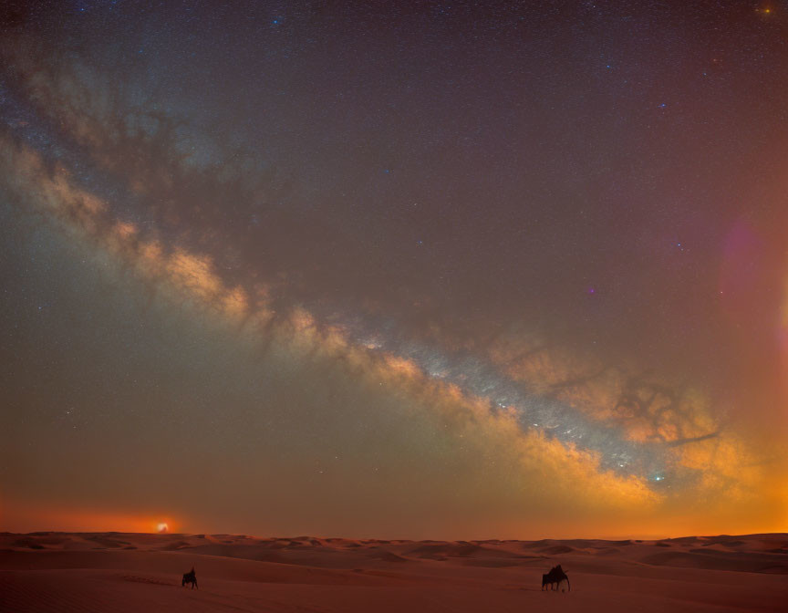 Desert night sky with Milky Way, sand dunes, and sunset glow