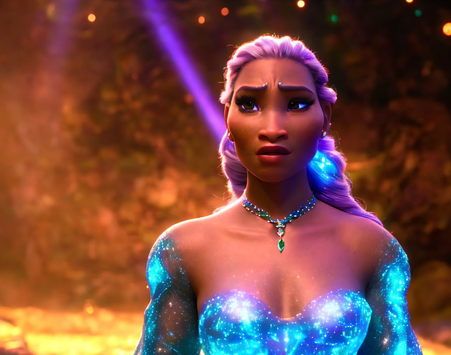 Glowing blue attire on 3D female character in warm bokeh-lit setting