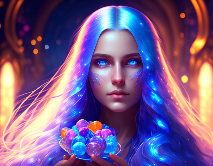 Fantastical portrait of woman with glowing blue eyes and iridescent hair in ornate setting