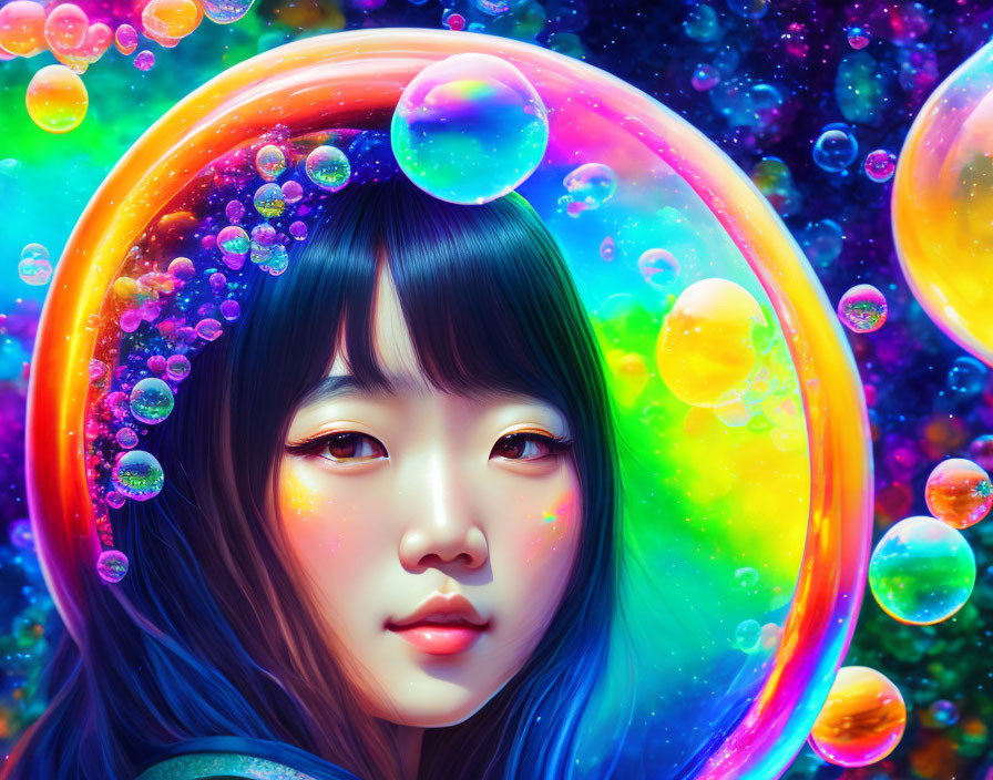 Colorful digital artwork of woman with ethereal gaze amid multicolored bubbles in cosmic setting